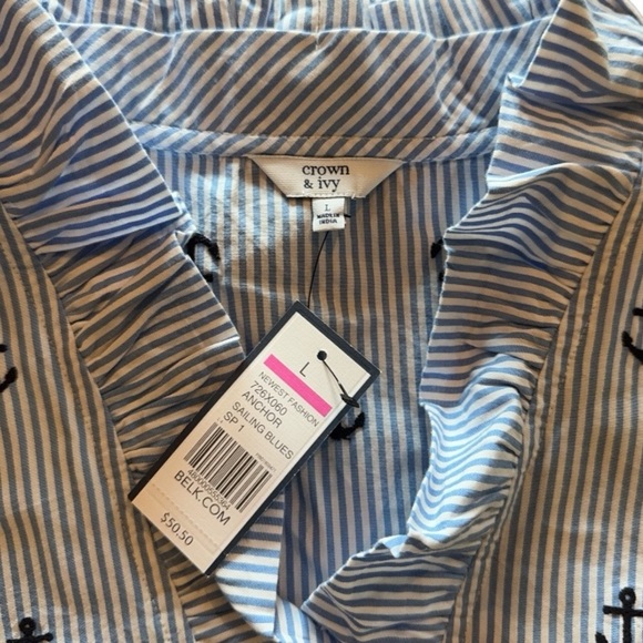 NWT Crown & Ivy Blue Striped Anchor Ruffled Sleeveless Top Sz L Nautical - Picture 2 of 6